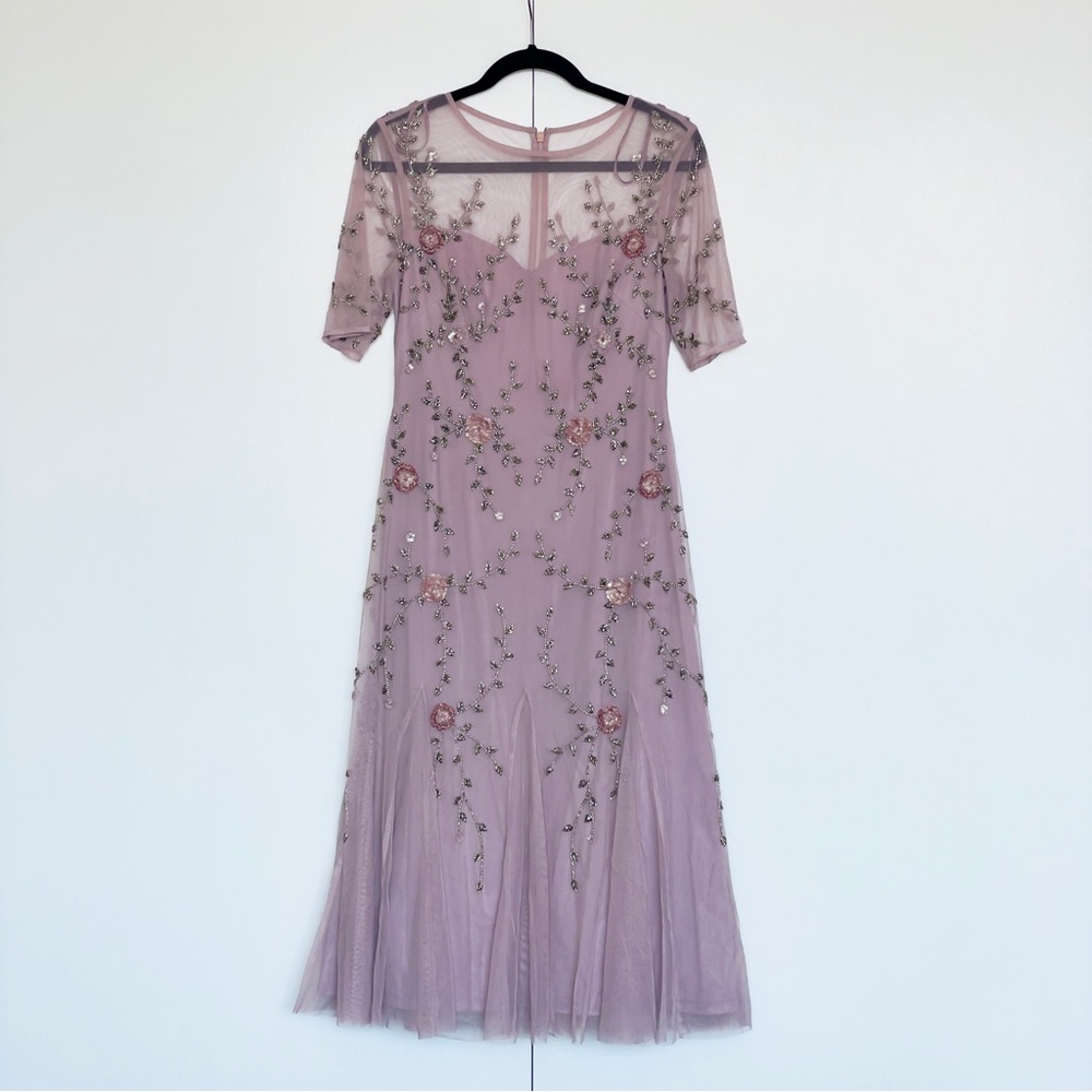 Adrianna Papell | Lilac purple beaded flower tulle cocktail midi dress | Size 6